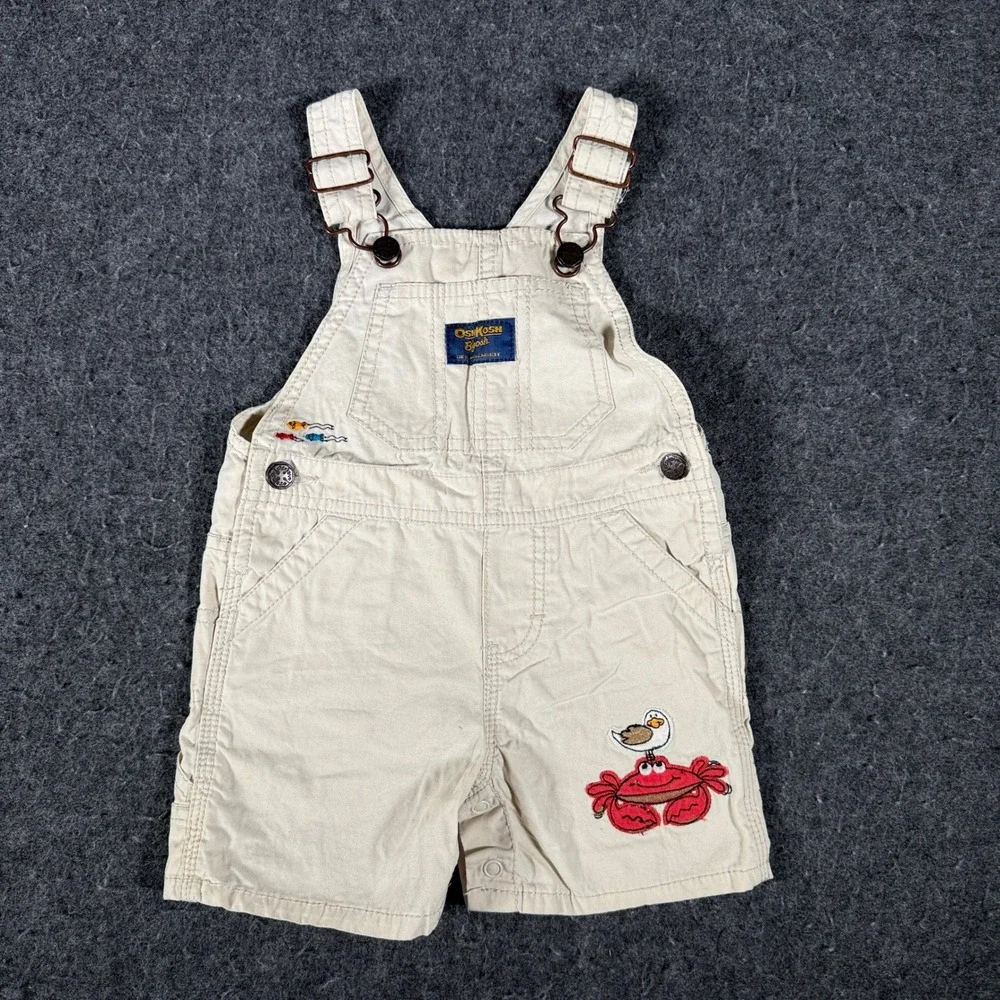 OshKosh B'gosh Baby Boy 9M Khaki Nautical Crab Seagull Vestbak Cotton Shortalls
